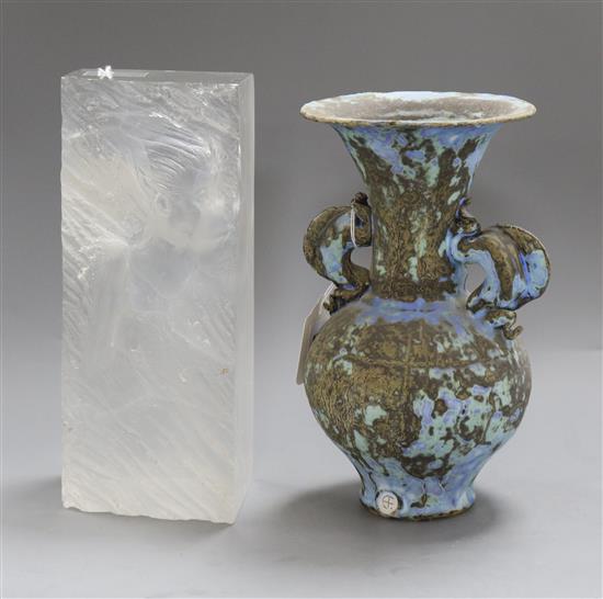 An intaglio glass sculpture by Crispian Heath, signed, H 25.5cm and an amphora-style pottery jar initialled EF